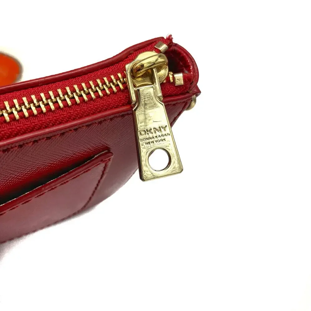 DKNY Red Saffiano Leather Studded Crossbody Clutch, Gold Hardware & Charm NWOT